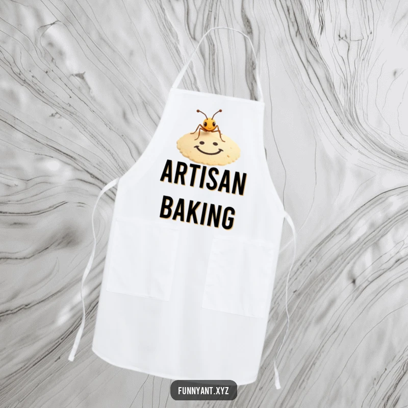 Funny apron with a tiny ant artistically drawing a smiley face in the sand, perfect for humorous culinary creations.