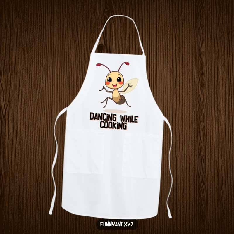 Funny apron showing a cute ant character doing a joyful spin with leafy antennae, adding a touch of fun to kitchen activities.