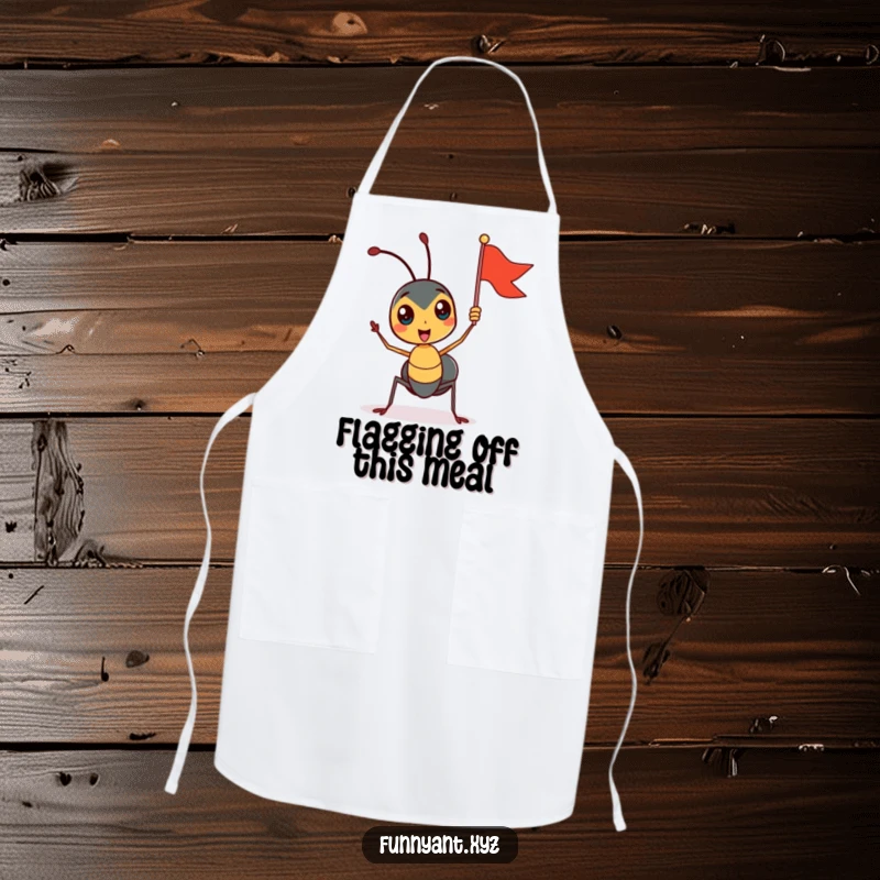 Funny apron depicting a cute ant character enthusiastically waving a tiny flag while cooking, bringing fun to the kitchen.