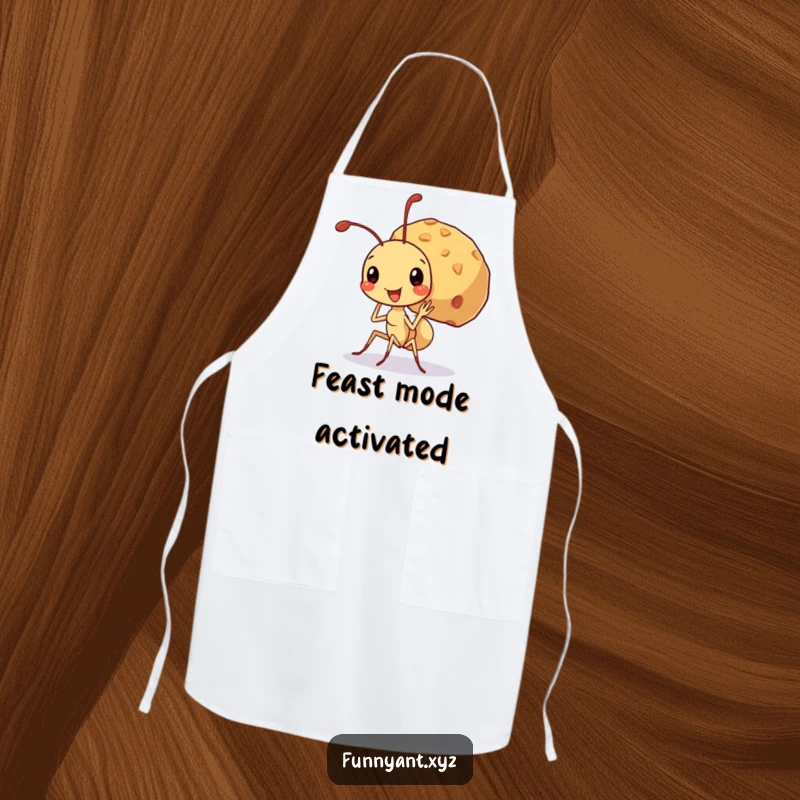 Funny apron showing a cute ant character beaming while carrying a crumb much larger than itself, inspiring kitchen determination.