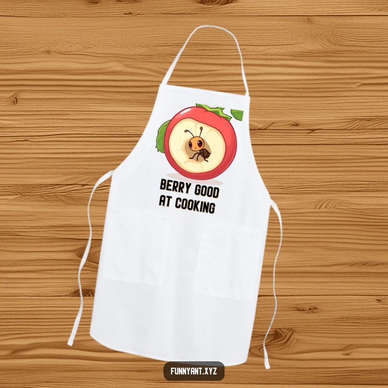 Funny Apron: A curious ant peeking inside a large, hollow berry, adding a whimsical and adventurous touch to kitchen attire.
