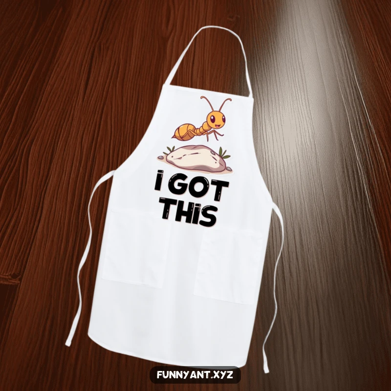 Funny Ant Leaping Pebble Apron: An ant character humorously leaps over a tiny pebble, symbolizing conquering kitchen tasks with a smile.