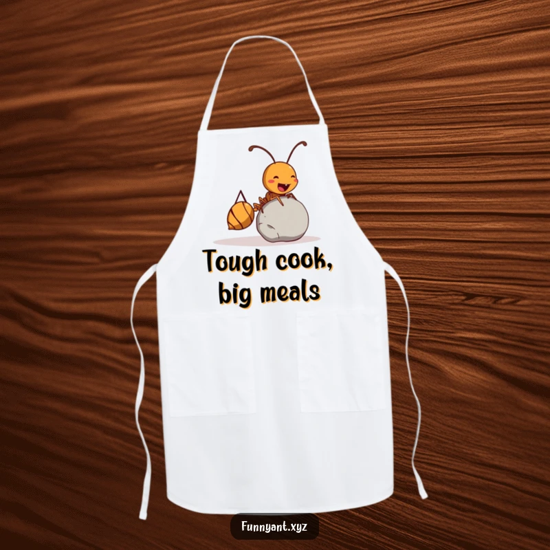 Funny Ant Apron: A humorous illustration of a determined ant rolling a large pebble, ideal for a funny and functional kitchen accessory.