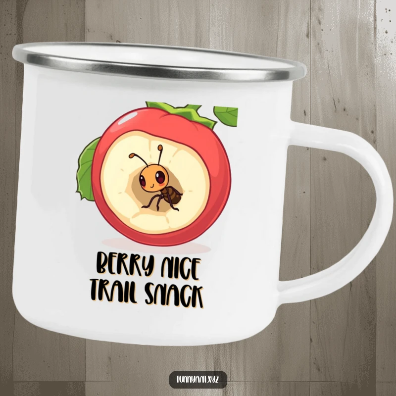 Funny Camping Mug: A curious ant peeking inside a large, hollow berry, perfect for enjoying drinks during outdoor explorations.