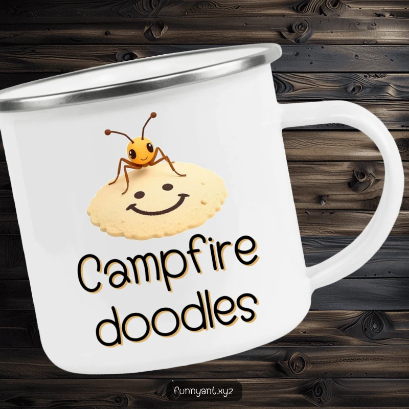 Funny enamel camping mug with a tiny ant artistically drawing a smiley face in the sand, perfect for humorous outdoor use.