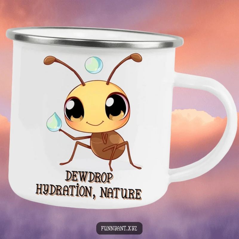 Funny Ant Camping Mug: A durable enamel mug showing a curious ant balancing a dewdrop, perfect for funny outdoor enthusiasts.