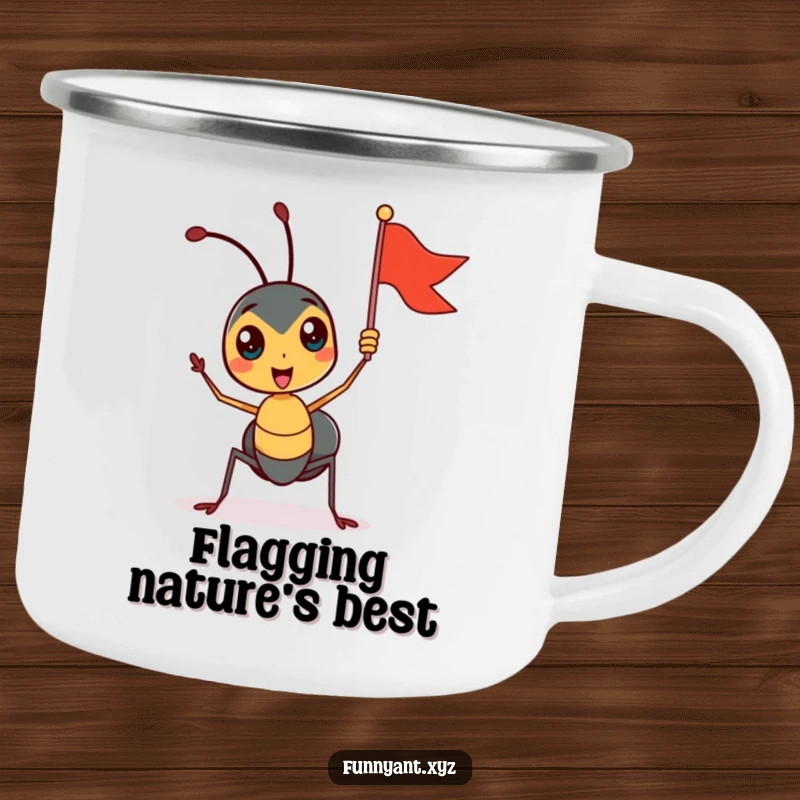Funny camping mug showing a cute ant character enthusiastically waving a tiny flag, ready for outdoor fun and adventure.