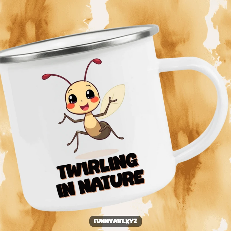 Funny camping mug showing a cute ant character doing a joyful spin with leafy antennae, ready for fun adventures and cheerful moments.