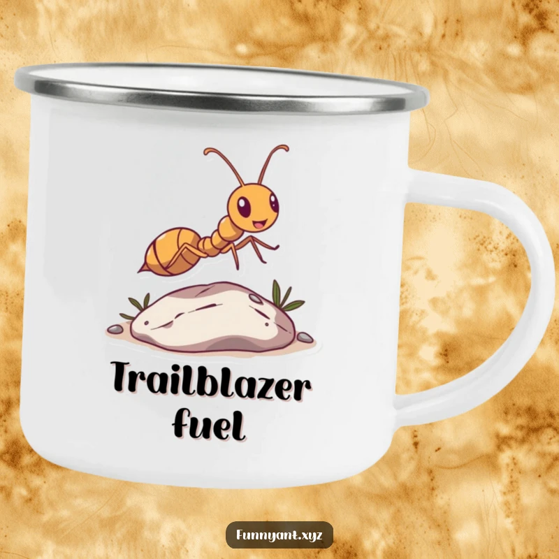 Funny Ant Leaping Pebble Camping Mug: A cheerful ant character joyfully leaps over a tiny pebble, inspiring outdoor adventures.