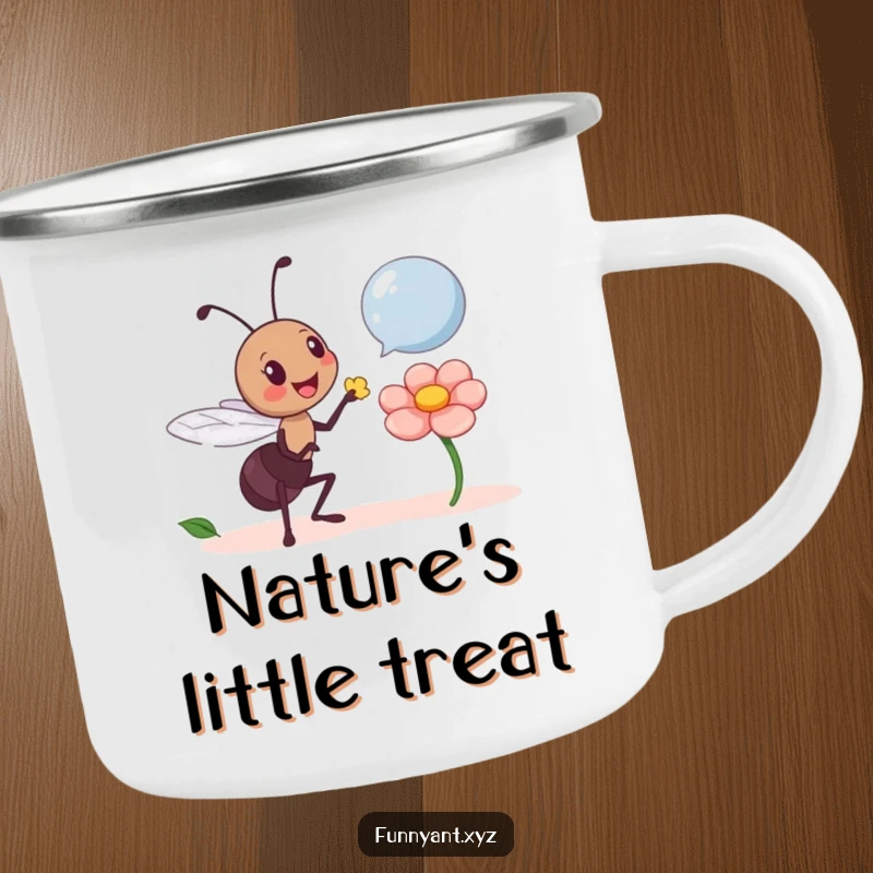 Funny Ant Giving Petal Camping Mug: A cheerful ant character humorously offers a flower petal during an outdoor adventure.