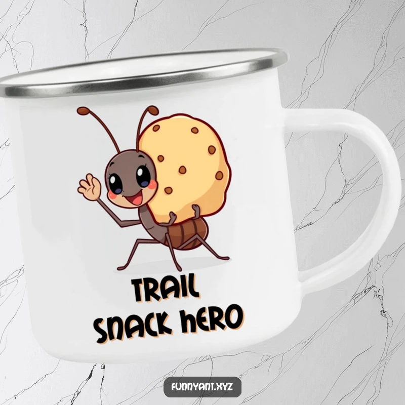 Funny enamel camping mug with a kawaii ant waving cheerfully carrying a smiling crumb, perfect for humorous outdoor use.