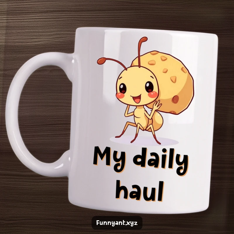 Funny mug showing a cute ant character beaming with pride while carrying a crumb significantly larger than itself, symbolizing strength and determination.