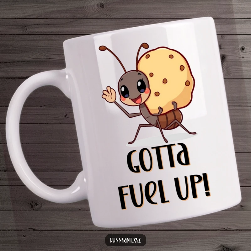 Funny mug featuring a kawaii ant waving cheerfully while carrying a large, smiling crumb, symbolizing hard work and humor.