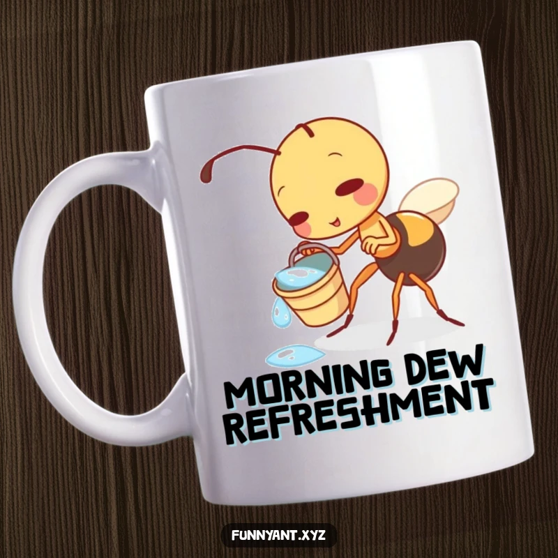 Funny mug showcasing a cute ant character playfully tipping a small bucket of dewdrops, hinting at gentle mischief and fun.