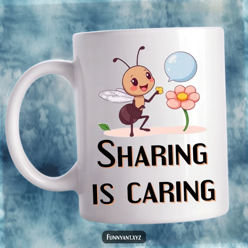 Funny Ant Giving Petal Mug: A cheerful ant character humorously offers a delicate flower petal to someone unseen, showing kindness.