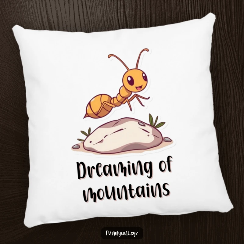 Funny Ant Leaping Pebble Pillow: A happy ant character is shown joyfully leaping over a small pebble, adding a humorous touch to comfort.