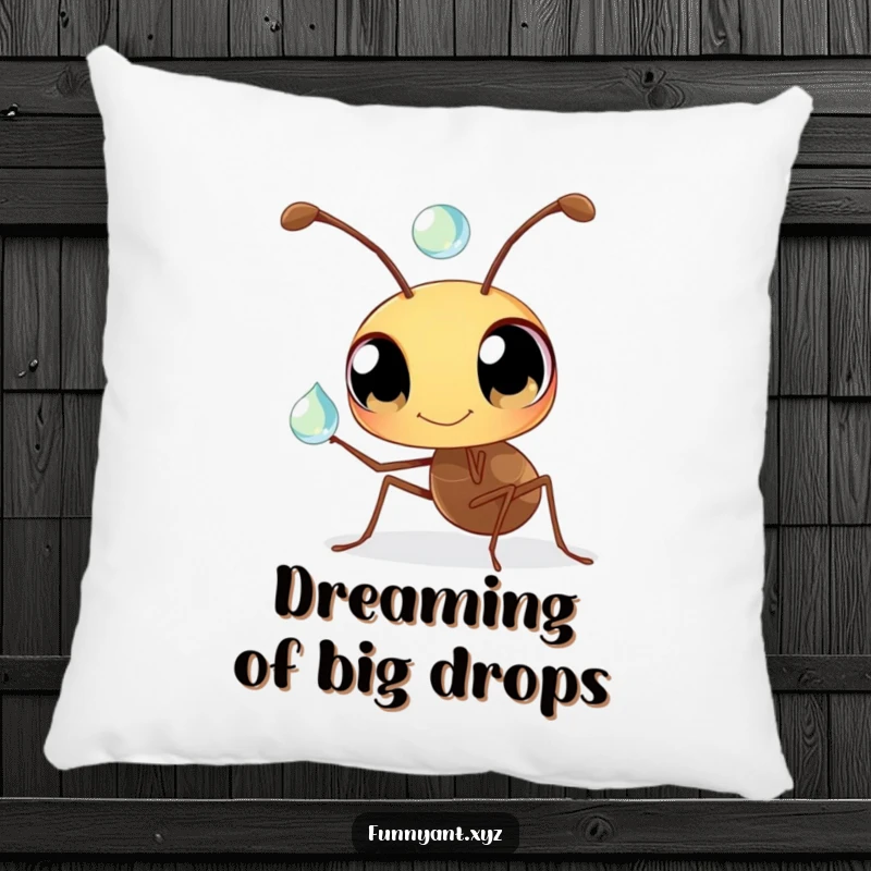 Funny Ant Pillow: A plush pillow featuring a funny ant with wide eyes, expertly balancing a dewdrop on its antenna, a cozy delight.