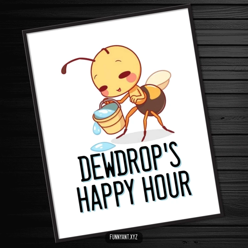 Funny digital art print of a cute ant character playfully tipping a small dewdrop bucket, perfect for printable decor adding instant whimsy.