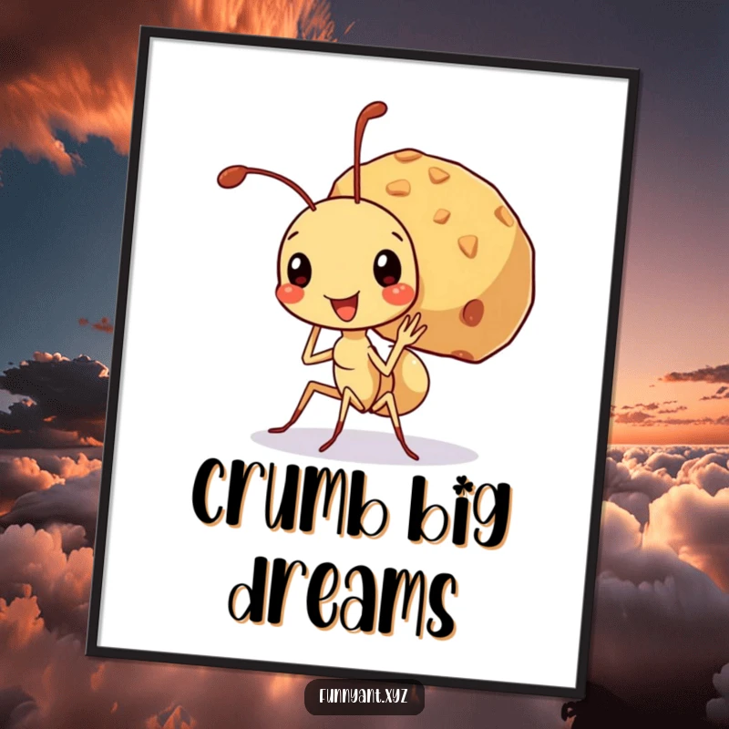 Funny digital art print of a cute ant character beaming, carrying a crumb much larger than itself, perfect for printable decor adding instant motivation.