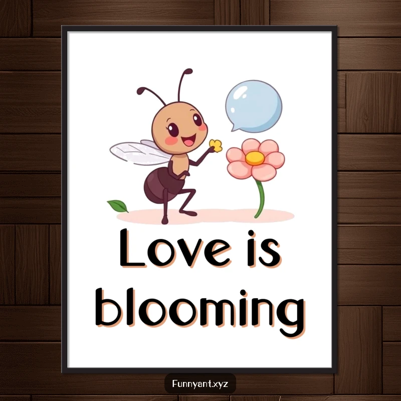 Funny Ant Giving Petal Digital Art Print: A cheerful ant character humorously offers a flower petal, creating a heartwarming digital artwork.