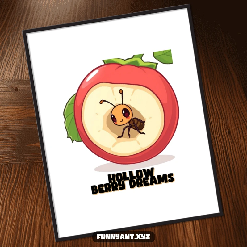 Funny Digital Art Print: A curious ant peeking inside a large, hollow berry, creating a whimsical and endearing visual.