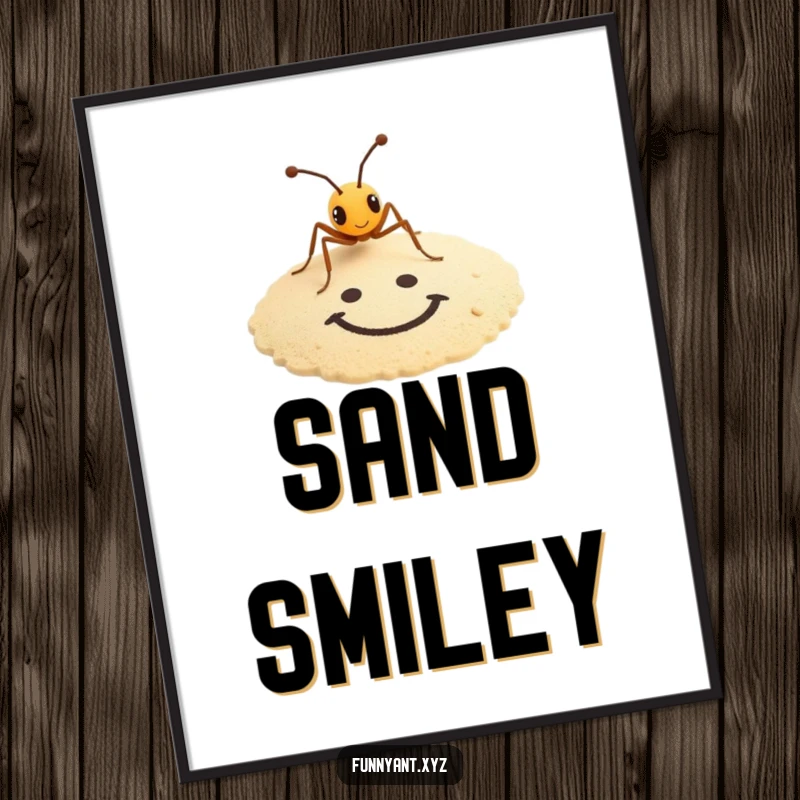 Funny digital art print of a tiny ant artistically drawing a smiley face in the sand, providing instant humorous creativity.