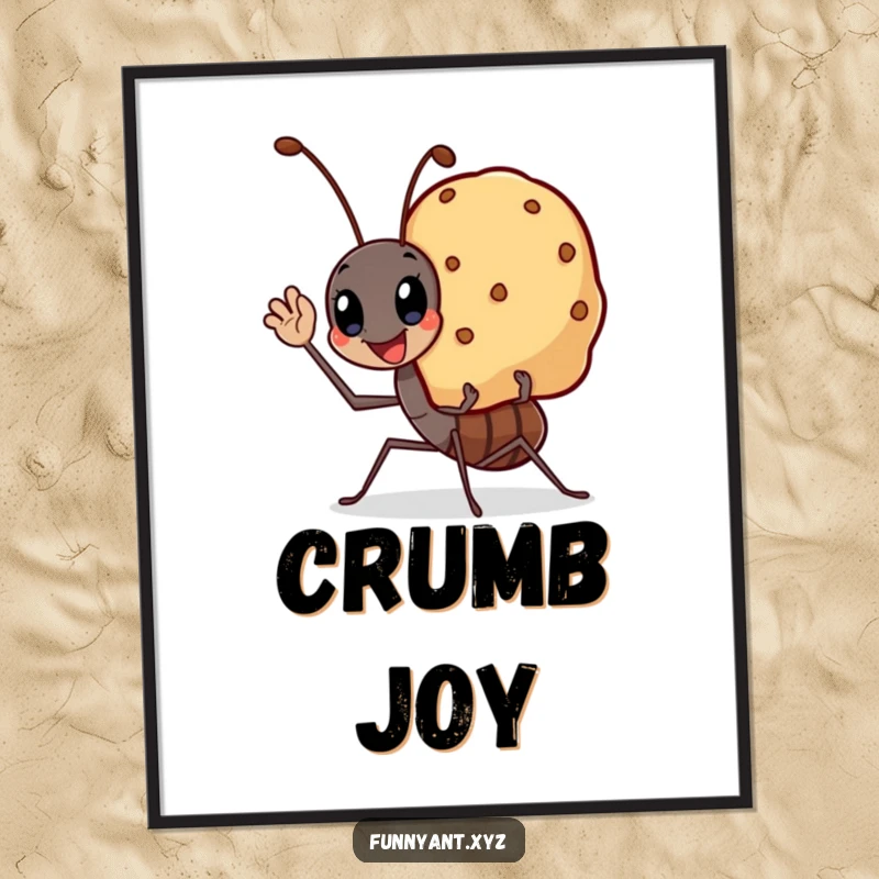 Funny digital art print of a kawaii ant waving cheerfully carrying a smiling crumb, providing instant humorous charm.