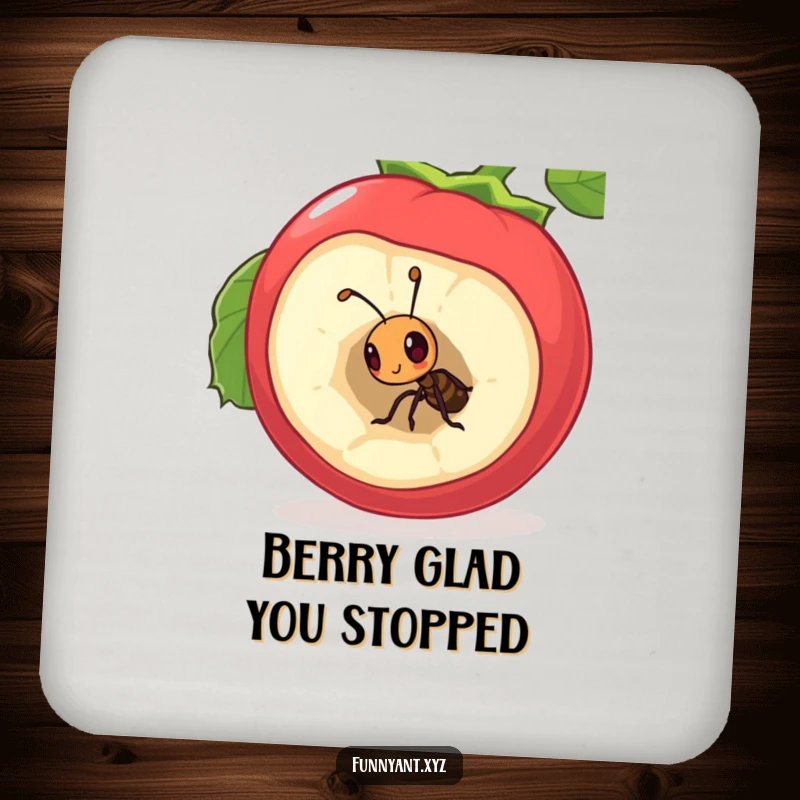 Funny Drink Coaster: A curious ant peeking into a hollow berry, perfect for protecting surfaces with a touch of cute adventure.