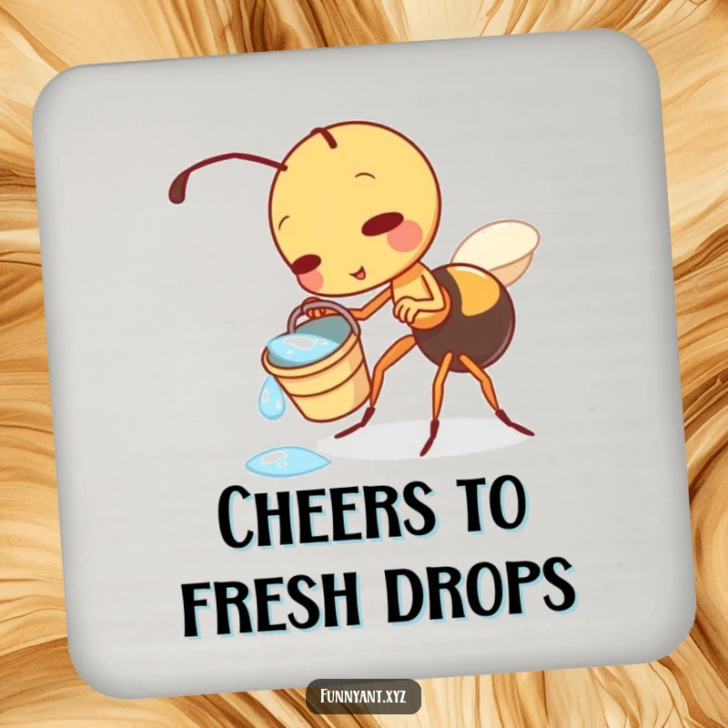 Funny drink coaster featuring a cute ant character playfully tipping a small dewdrop bucket, protecting surfaces with a touch of innocent fun.
