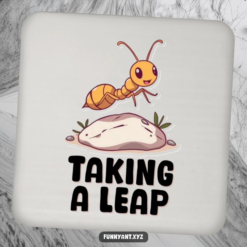 Funny Ant Leaping Pebble Coaster: An ant making a funny leap over a pebble, adding humor to drink protection.
