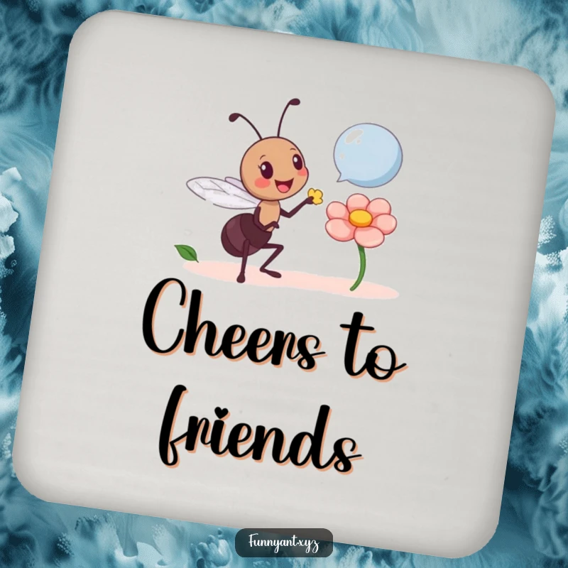 Funny Ant Offering Flower Coaster: An ant character humorously offers a flower petal, adding sweetness to drink protection.