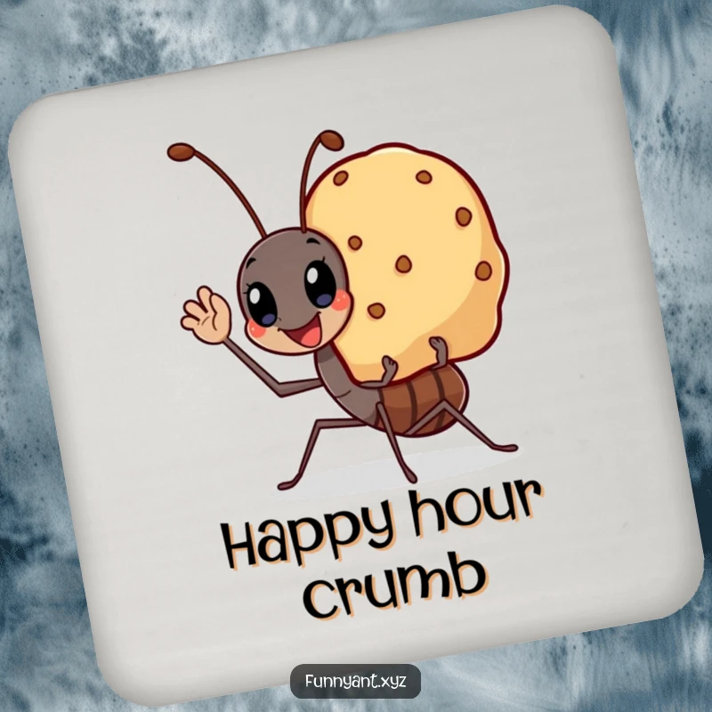 Funny drink coasters with a kawaii ant waving cheerfully carrying a smiling crumb, offering humorous protection.