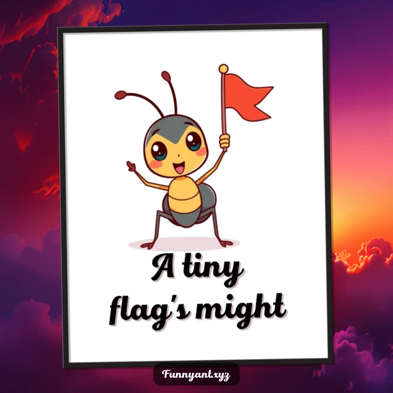 Funny poster artwork of a cute ant character enthusiastically waving a tiny flag, capturing a moment of pure, unadulterated celebratory joy.