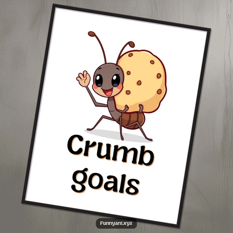 Funny art poster of a kawaii ant waving cheerfully carrying a large smiling crumb, adding whimsical and humorous decor.