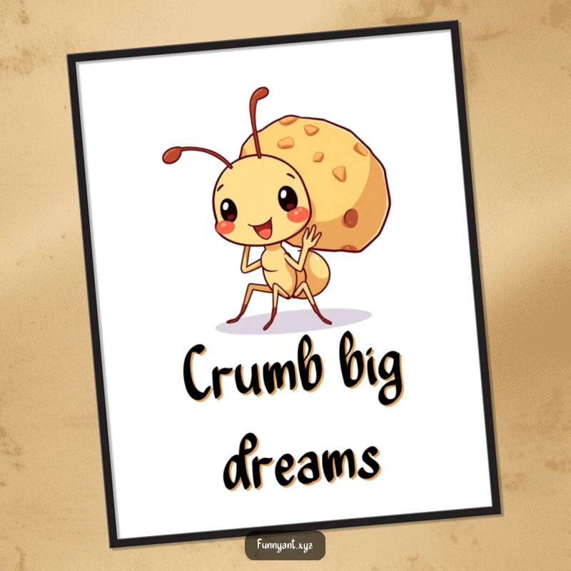 Funny poster art of a cute ant character triumphantly carrying a crumb many times its size, beaming with pride and accomplishment.