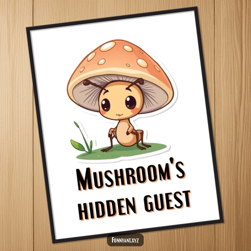 Funny poster art of a cute ant character peeking curiously from under a mushroom cap, creating a sense of wonder and gentle exploration.