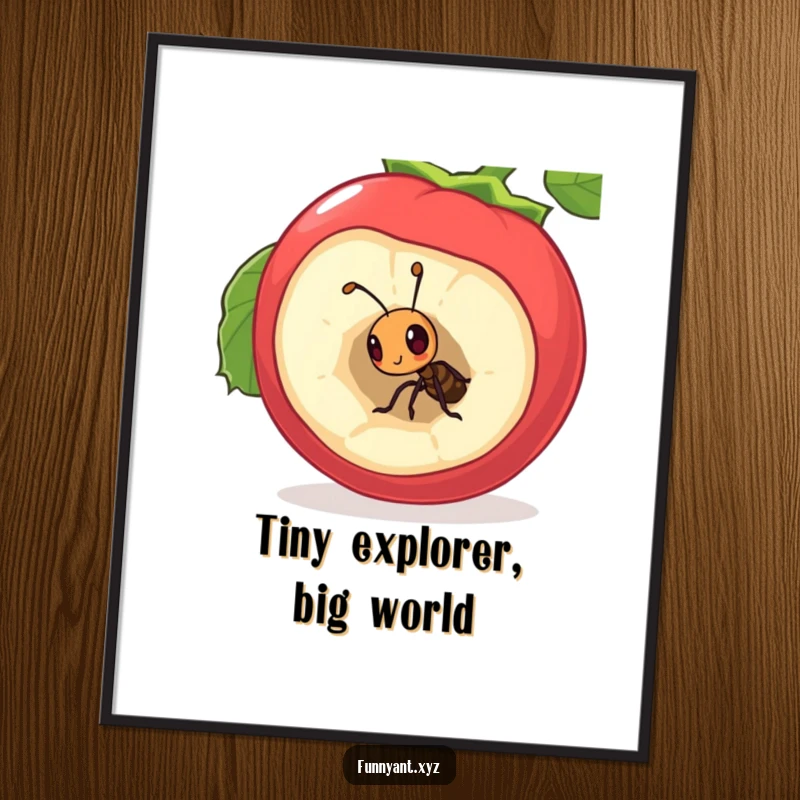 Funny Poster: A curious ant peeking into a large, hollow berry, creating a whimsical and endearing piece of wall art.