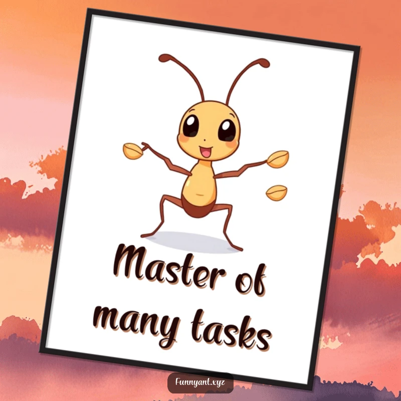 Funny Poster: A busy ant character juggling three tiny seeds with its legs, symbolizing focus, hard work, and dedication.