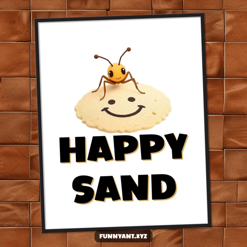 Funny art poster of a tiny ant artistically drawing a smiley face in the sand, adding whimsical and humorous decor.