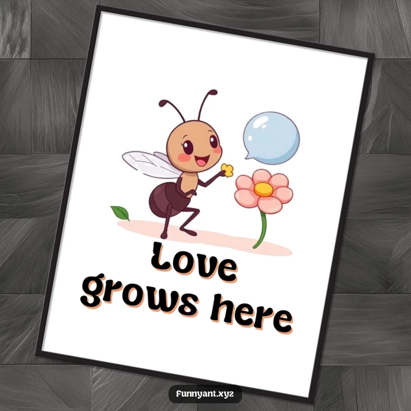 Funny Ant Giving Petal Poster: A cheerful ant character humorously offers a flower petal, creating a heartwarming scene.