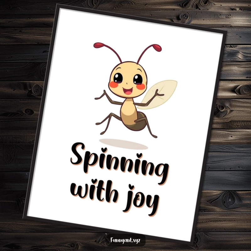 Funny poster art of a cute ant character in a vibrant, joyful spin with its leafy antennae elegantly twirling, conveying pure elation.