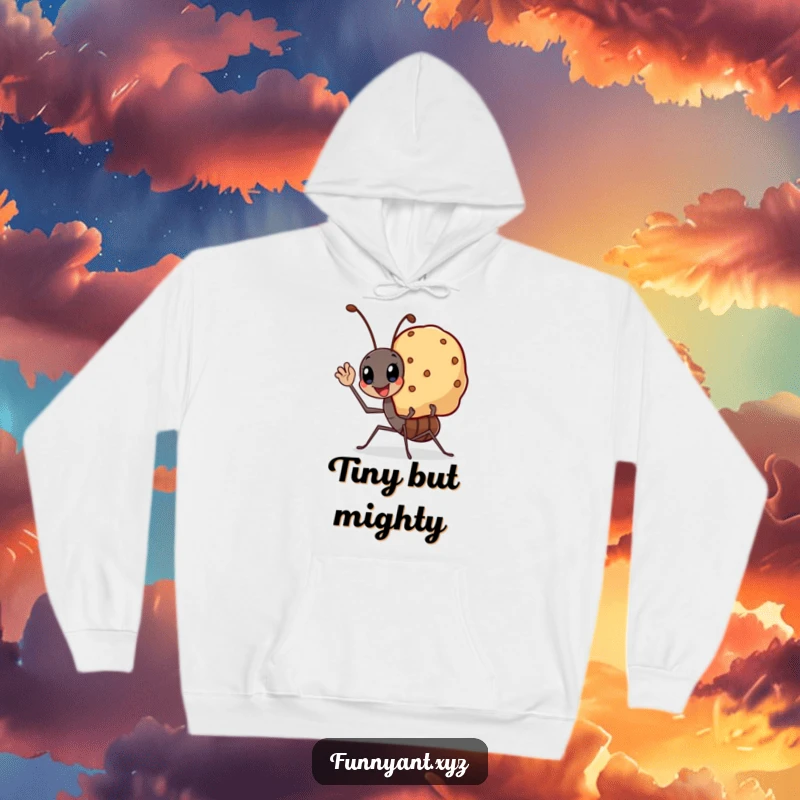 Funny hoodie featuring a kawaii ant waving cheerfully while carrying a smiling crumb, offering cozy and humorous cuteness.