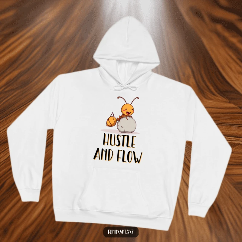 Funny Ant Hoodie: An illustration of a happy ant joyfully rolling a massive pebble, symbolizing strength and funny perseverance.