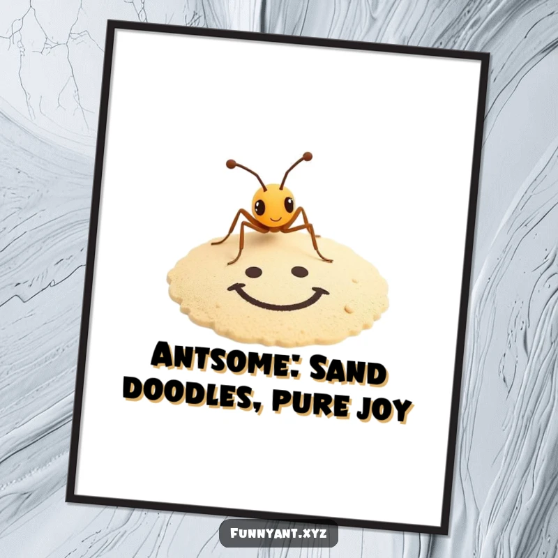 Funny Free Printable Wall Art of a tiny ant meticulously drawing a smiley face in the sand, evoking joy and uniqueness.