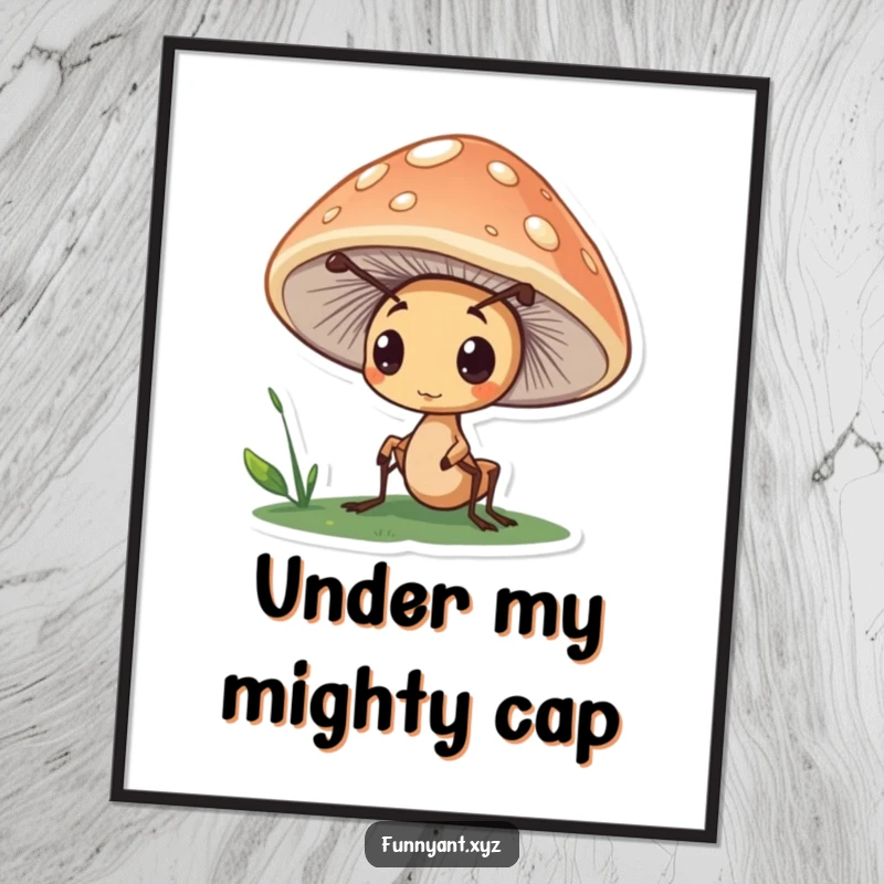 Funny Free Printable Wall Art: Cute ant peeking curiously from under a mushroom cap, adding a touch of mystery.