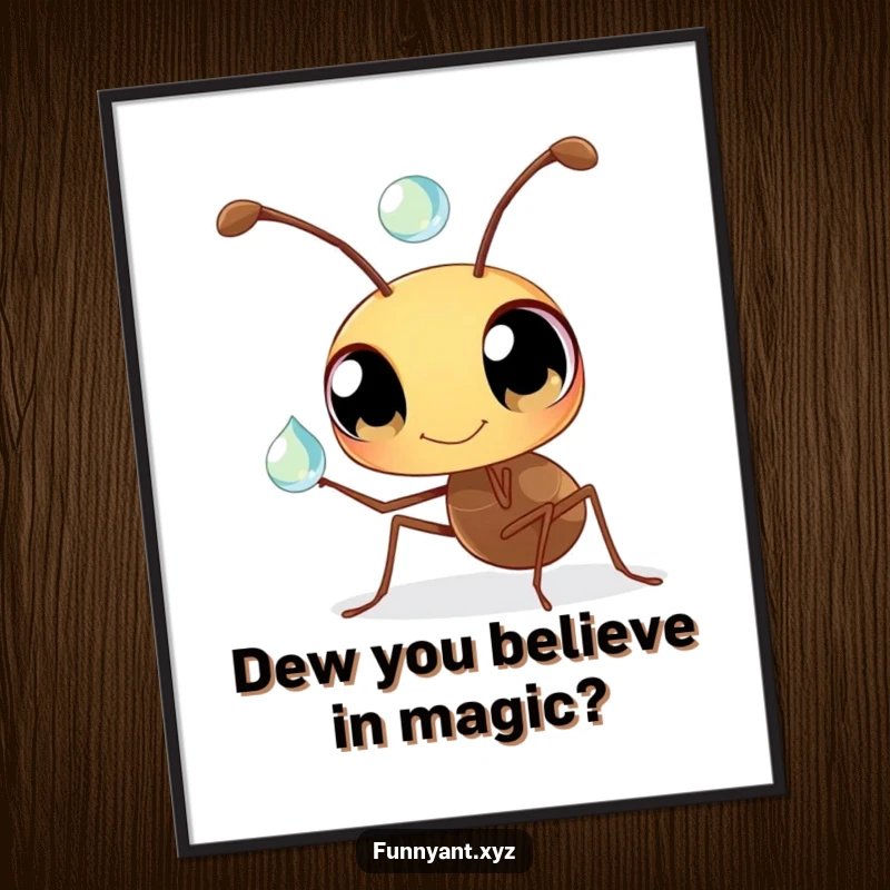Funny Free Printable Wall Art: An ant with large, inquisitive eyes delicately balancing a sparkling dewdrop on the tip of its antenna.