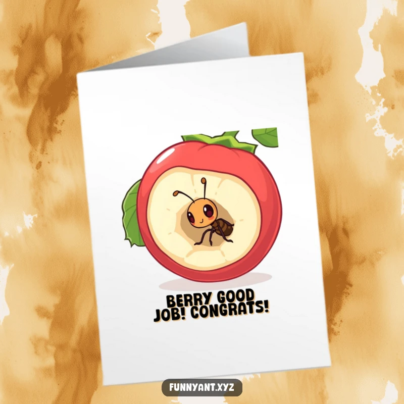 Funny Free Printable Congratulations Card: Curious ant peeking into a hollow berry, humorously celebrating an achievement.