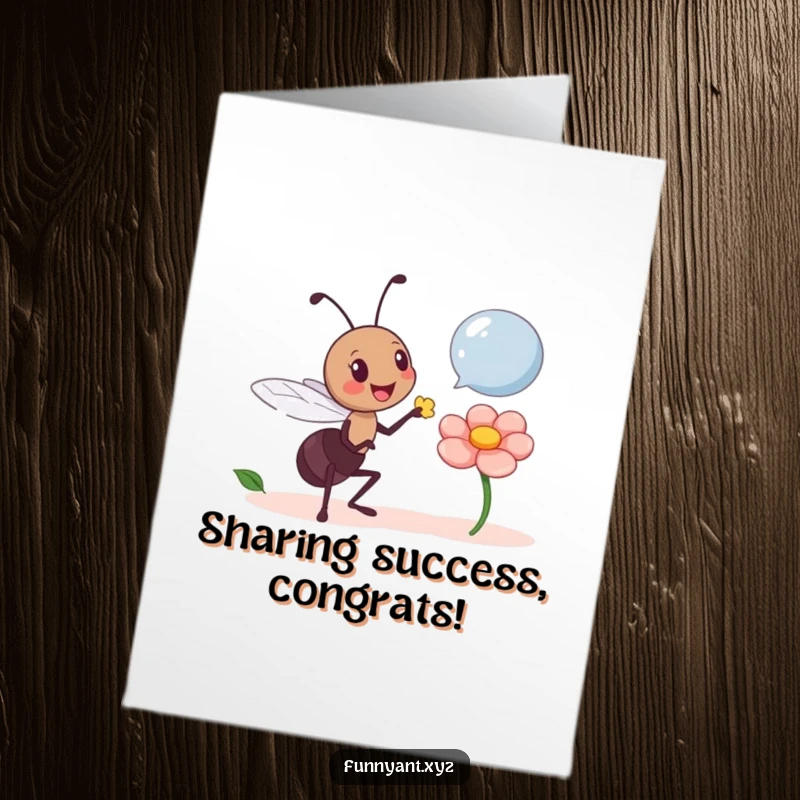 Funny Free Printable Congratulations Card: A happy ant character holds out a flower petal, a gesture of sharing and goodwill.