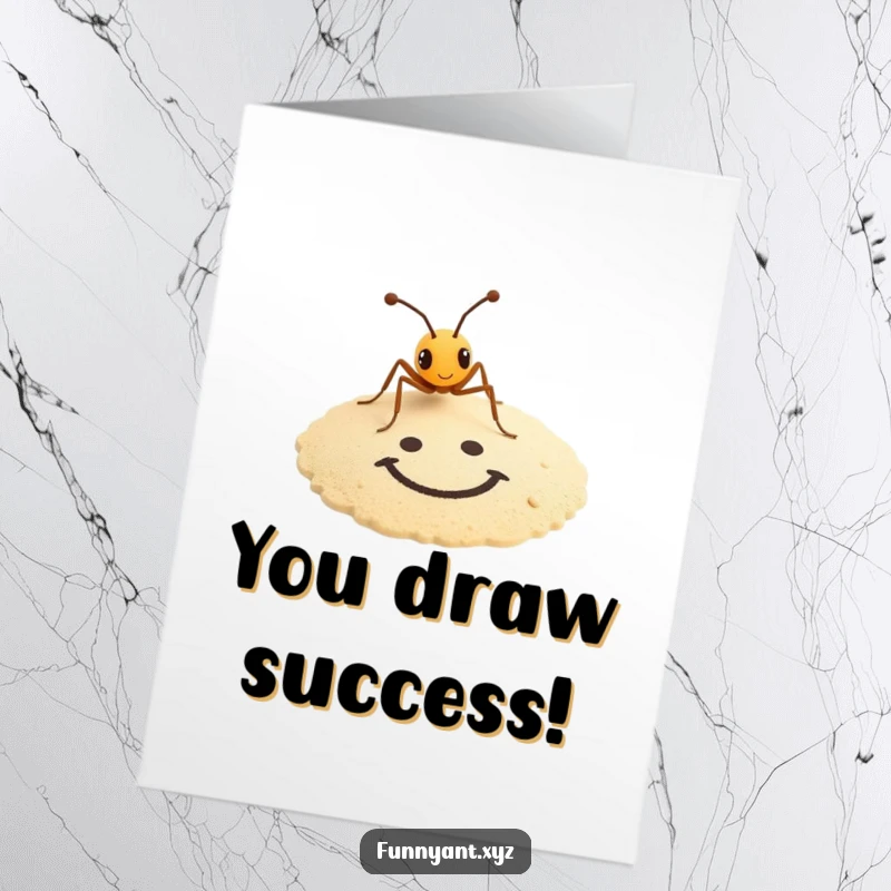 Funny Free Printable Congratulations Card showing a tiny ant creating a smiley face in the sand, celebrating success.