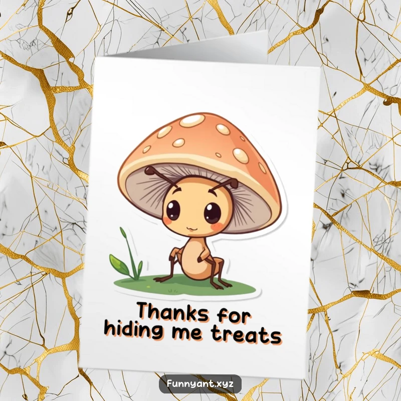 Funny Free Printable Thank You Card: Cute ant peeking curiously from under a mushroom cap, expressing thanks.